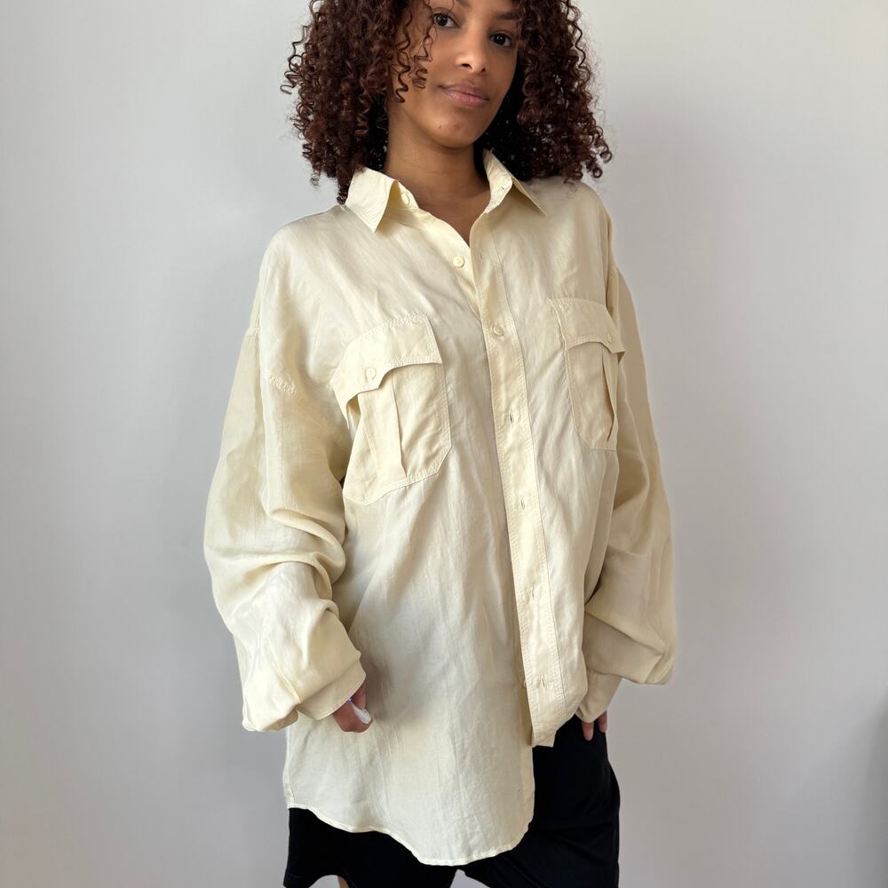 Vintage Oversized Silk Button Up Shirt Cream Minimal One Size